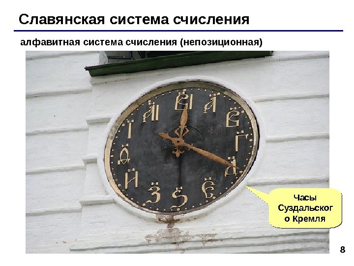 8 Славянская система счисления алфавитная система счисления (непозиционная) Часы Суздальског о Кремля 