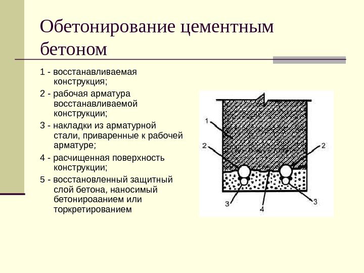   Обетонирование цементным бетоном 1 - восстанавливаемая конструкция;  2 - рабочая арматура