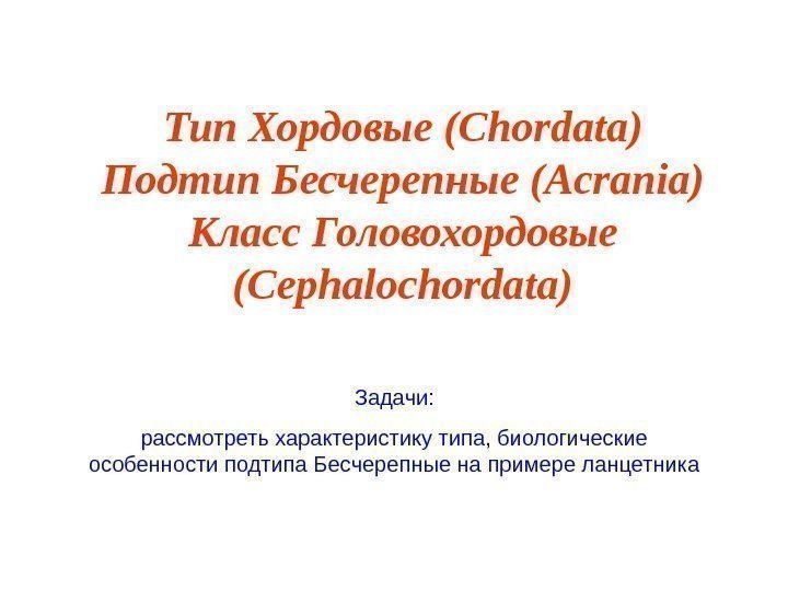 Тип Хордовые (Chordata) Подтип Бесчерепные (Acrania) Класс Головохордовые (Cephalochordata) Задачи: рассмотреть характеристику типа, биологические