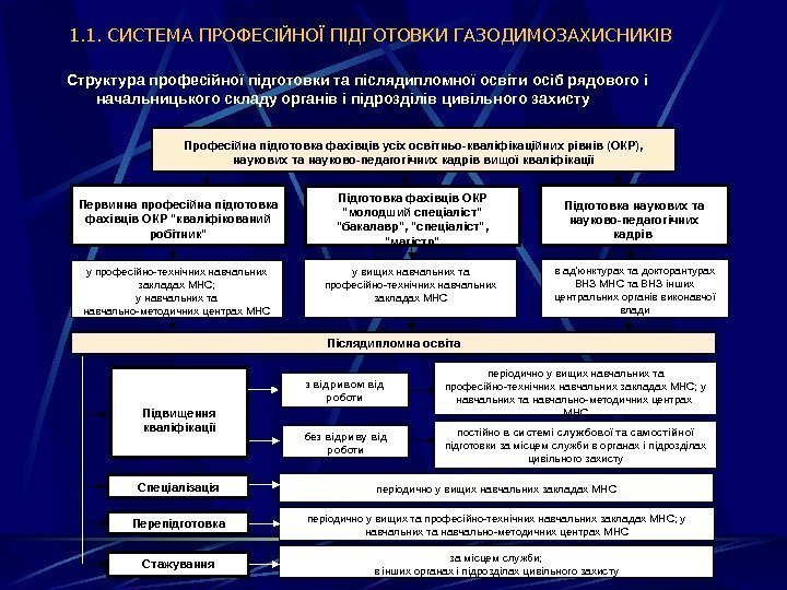   1. 1. СИСТЕМА ПРОФЕСІЙНОЇ ПІДГОТОВКИ ГАЗОДИМОЗАХИСНИКІВ Структура професійної підготовки та післядипломної освіти