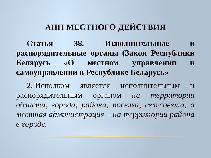 АПН МЕСТНОГО ДЕЙСТВИЯ Статья 38.  Исполнительные и распорядительные органы (Закон Республики Беларусь 