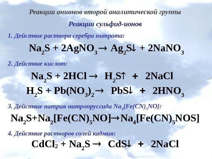 Реакции анионов второй аналитической группы Реакции сульфид-ионов 1. Действие раствора серебра нитрата:  Na