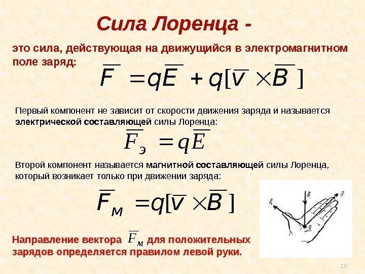 13 Сила Лоренца -  это сила, действующая на движущийся в электромагнитном поле заряд: