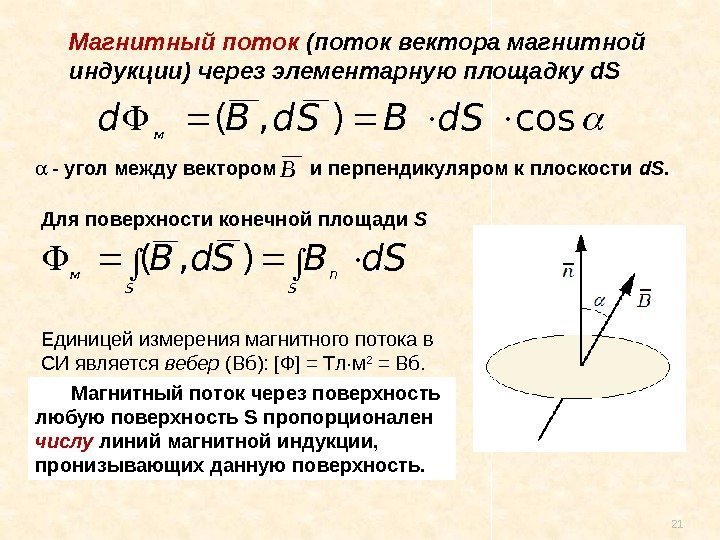 21, где. Магнитный поток (поток вектора магнитной индукции) через элементарную площадку d. S cos),