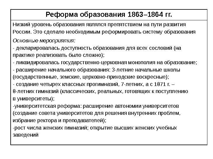Реформа образования 1863– 1864 гг. Низкий уровень образования являлся препятствием на пути развития России.