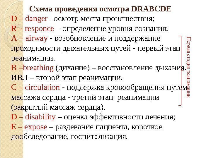 Схема проведения осмотра DRABCDE D – danger  –осмотр места происшествия;  R –