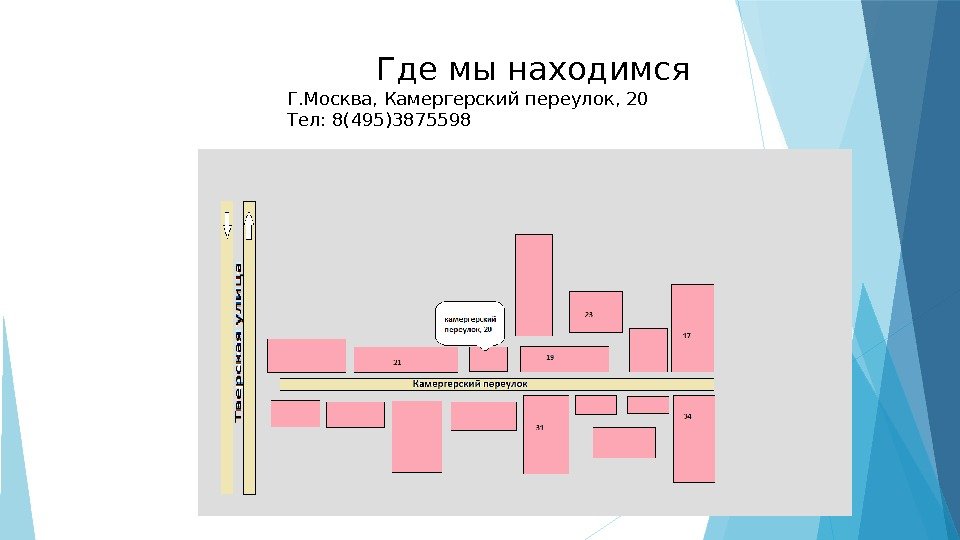 Где мы находимся Г. Москва, Камергерский переулок, 20 Тел: 8(495)3875598    