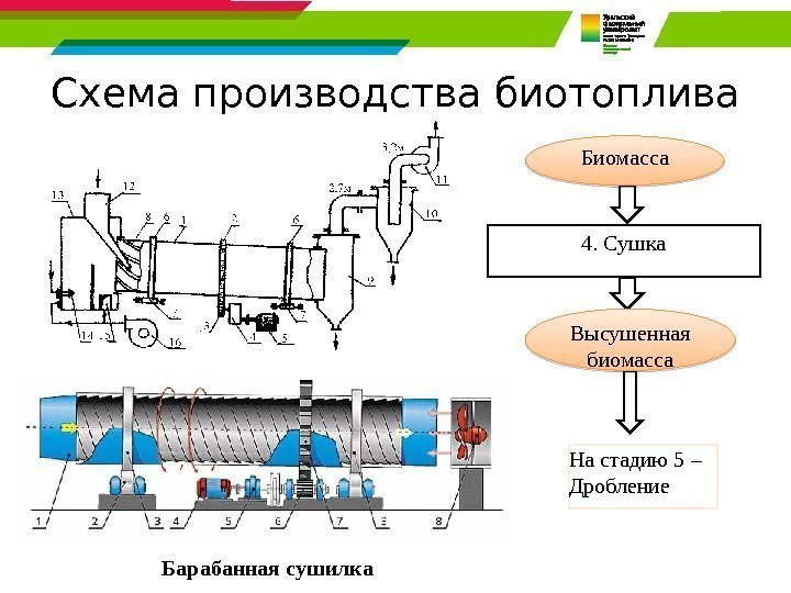 Схема производства биотоплива 4. Сушка. Биомасса Высушенная биомасса На стадию 5 – Дробление Барабанная