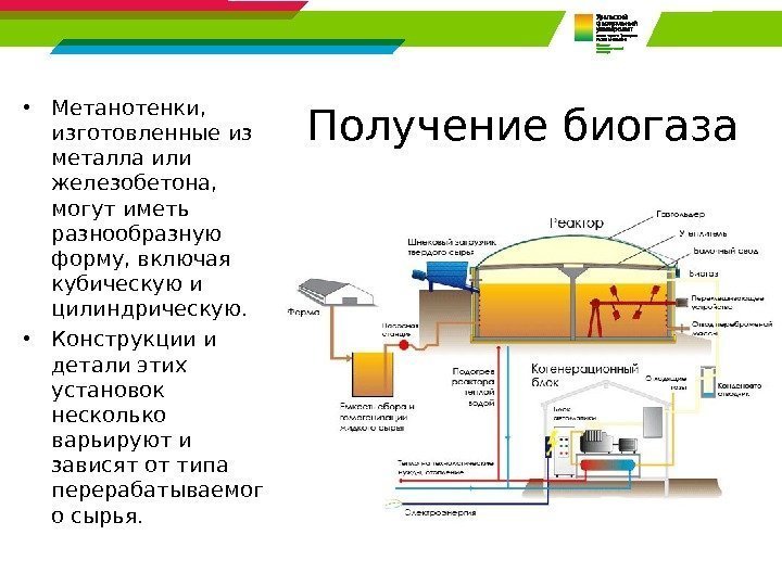 Получение биогаза • Метанотенки,  изготовленные из металла или железобетона,  могут иметь разнообразную