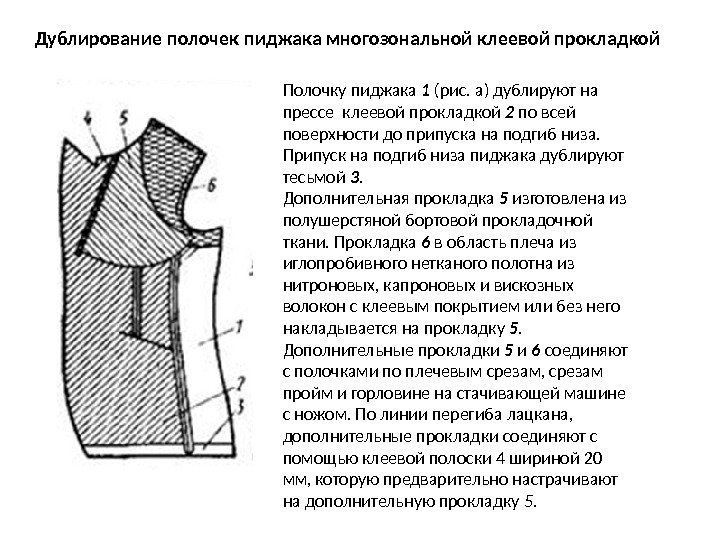 Полочку пиджака 1 (рис. а) дублируют на прессе клеевой прокладкой 2 по всей поверхности
