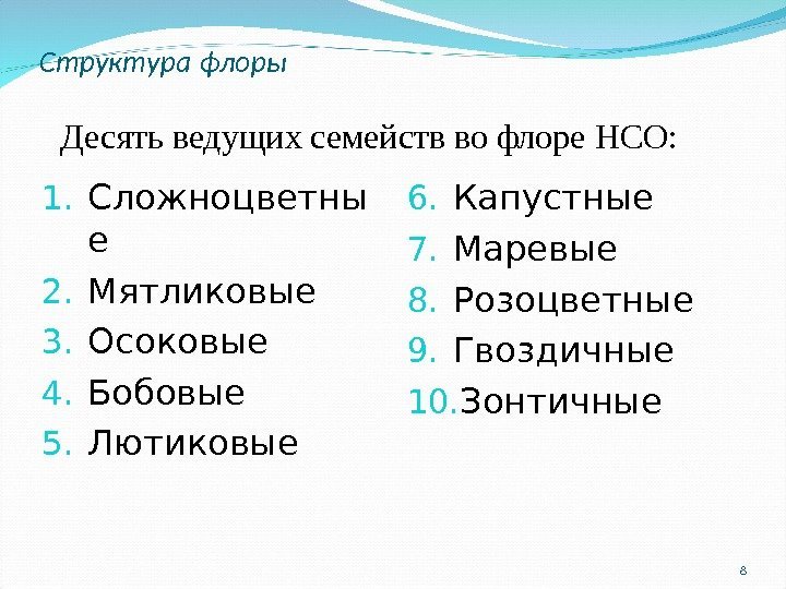 Структура флоры 1. Сложноцветны е 2. Мятликовые 3. Осоковые 4. Бобовые 5. Лютиковые 6.