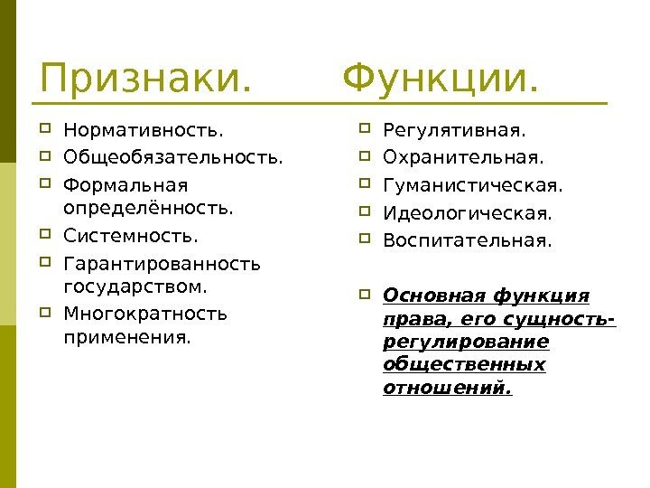   Признаки.  Функции.  Нормативность.  Общеобязательность.  Формальная определённость.  Системность.