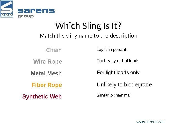 Which Sling Is It? Match the sling name to the description Chain Wire Rope