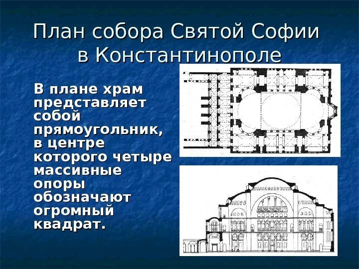 План собора Святой Софии в Константинополе В плане храм представляет собой прямоугольник,  в