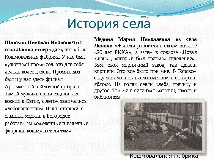 История села Шлюхин Николай Иванович из села Лапша утверждает,  что «была Кошмовальная фабрика.