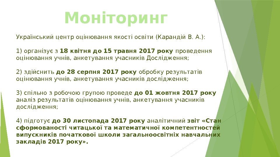 Моніторинг Український центр оцінювання якості освіти (Карандій В. А. ): 1) організує з 18