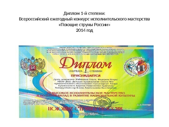 Диплом 1 -й степени: Всероссийский ежегодный конкурс исполнительского мастерства  «Поющие струны России» 2014