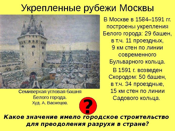Укрепленные рубежи Москвы В Москве в 1584– 1591 гг.  построены укрепления Белого города: