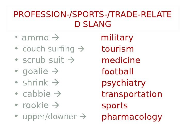 PROFESSION-/SPORTS-/TRADE-RELATE D SLANG •  ammo •  couch surfing  •  scrub
