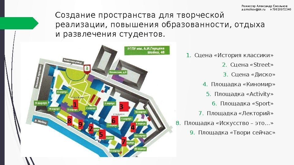 Создание пространства для творческой реализации, повышения образованности, отдыха и развлечения студентов. 1. Сцена «История