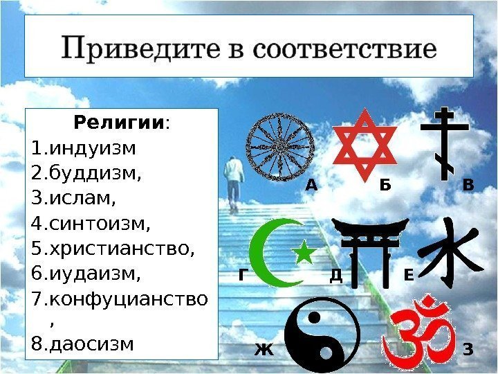 Религии : 1. индуизм 2. буддизм, 3. ислам, 4. синтоизм, 5. христианство, 6. иудаизм,