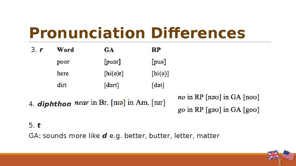   3.  r  4.  diphthongs 5.  t GA: sounds