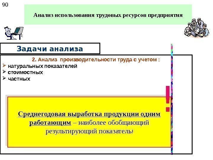 90 Анализ использования трудовых ресурсов предприятия Задачи анализа 2. Анализ производительности труда с учетом