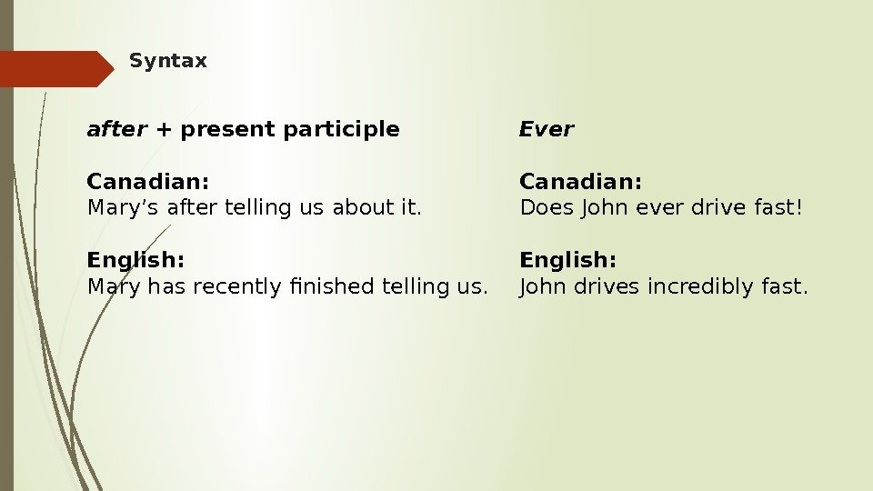 Syntax after + present participle Canadian: Mary’s after telling us about it. English: Mary