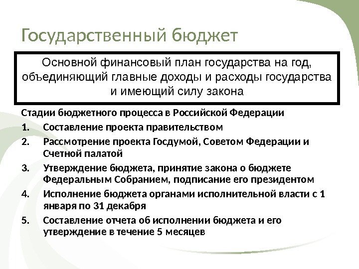 Государственный бюджет Стадии бюджетного процесса в Российской Федерации 1. Составление проекта правительством 2. Рассмотрение
