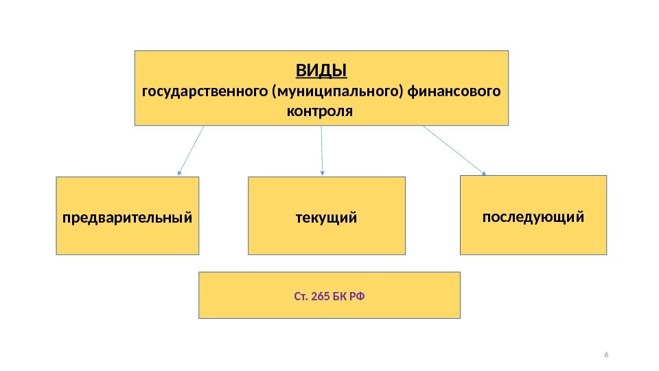 ВИДЫ государственного (муниципального) финансового контроля предварительный последующий текущий Ст. 265 БК РФ 6 