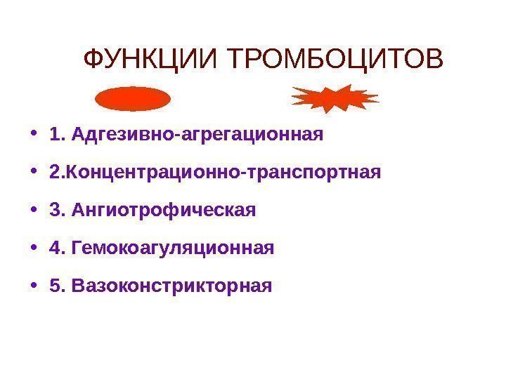 ФУНКЦИИ ТРОМБОЦИТОВ • 1. Адгезивно-агрегационная • 2. Концентрационно-транспортная • 3. Ангиотрофическая • 4. Гемокоагуляционная