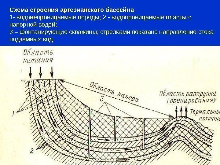 Схема строения артезианского бассейна. 1 - водонепроницаемые породы; 2 - водопроницаемые пласты с напорной
