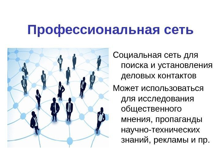   Профессиональная сеть Социальная сеть для поиска и установления деловых контактов Может использоваться