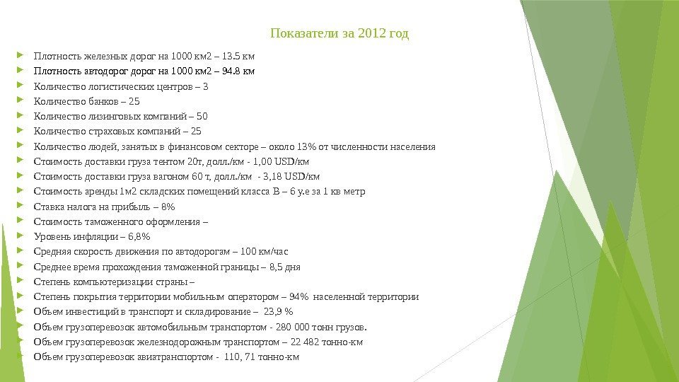 Показатели за 2012 год Плотность железных дорог на 1000 км 2 – 13. 5