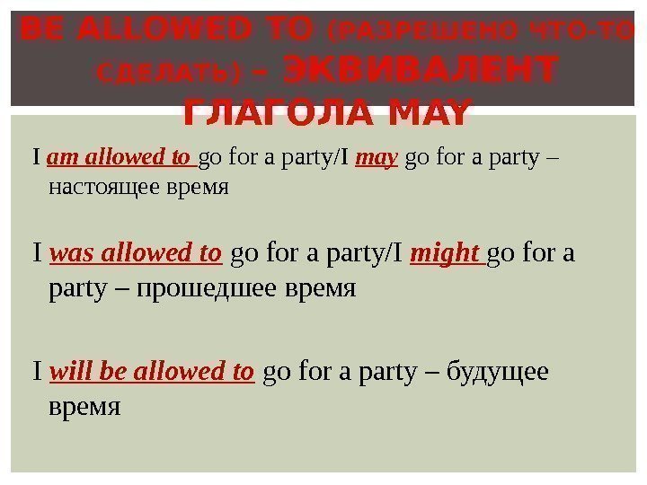 Be allowed to правило. Allowed to модальный глагол. Эквивалент модального глагола May. Предложения с be allowed to. Will be allowed to модальный глагол.
