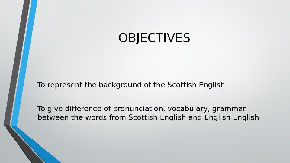 OBJECTIVES To represent the background of the Scottish English To give difference of pronunciation,