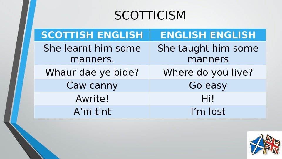 SCOTTICISM SCOTTISH ENGLISH She learnt him some manners. She taught him some manners Whaur