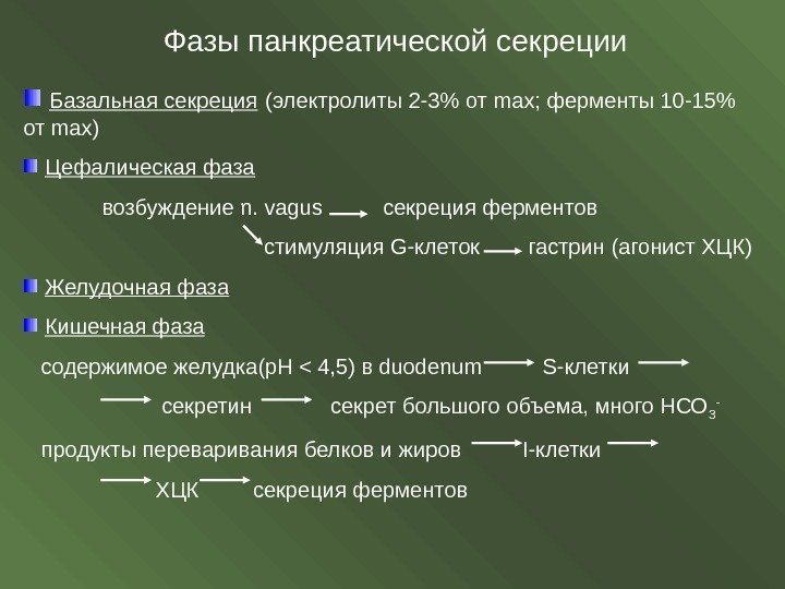 Фазы панкреатической секреции  Базальная секреция  (электролиты 2 -3 от max;  ферменты