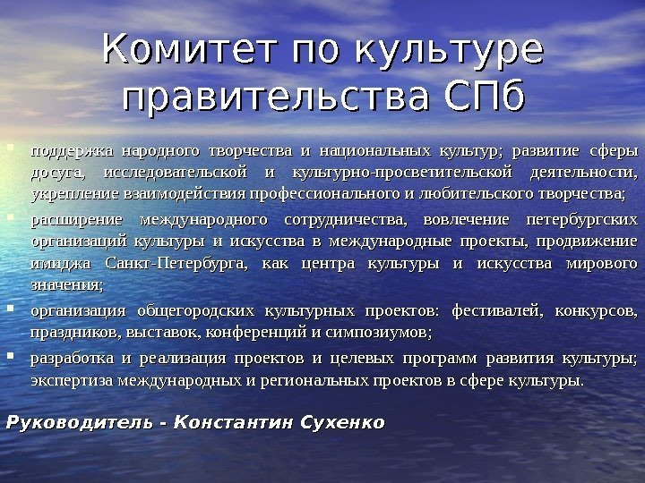 Комитет по культуре правительства СПб поддержка народного творчества и национальных культур;  развитие сферы