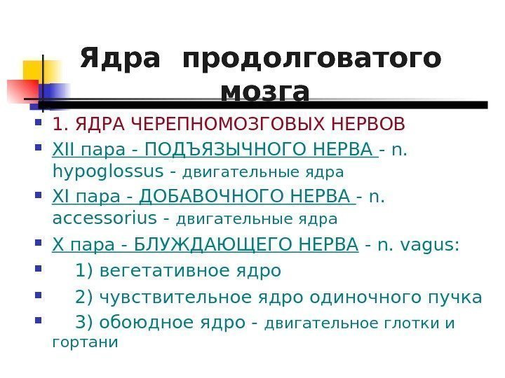   Ядра продолговатого  мозга 1. ЯДРА ЧЕРЕПНОМОЗГОВЫХ НЕРВОВ XII пара - ПОДЪЯЗЫЧНОГО