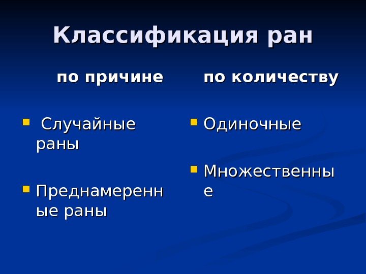   Классификация ран    по причине Случайные раны Преднамеренн ые раны