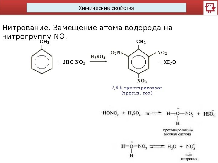 Химические свойства Нитрование. Замещение атома водорода на нитрогруппу NO 2  