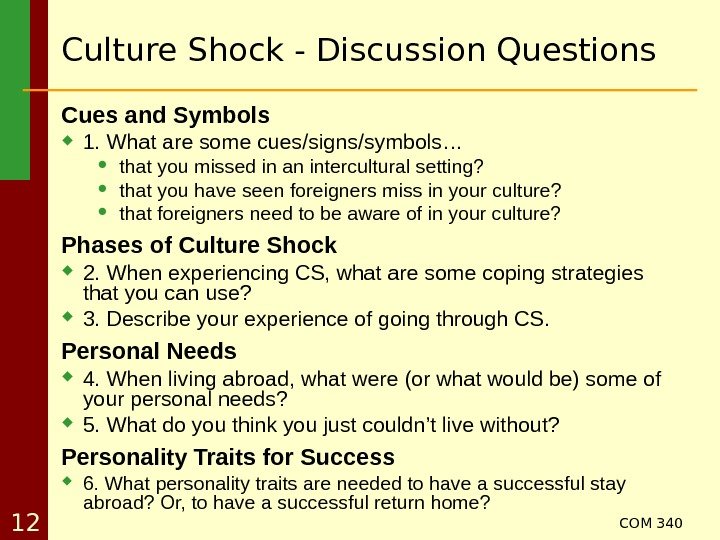 COM 340 12 Culture Shock - Discussion Questions Cues and Symbols 1. What are