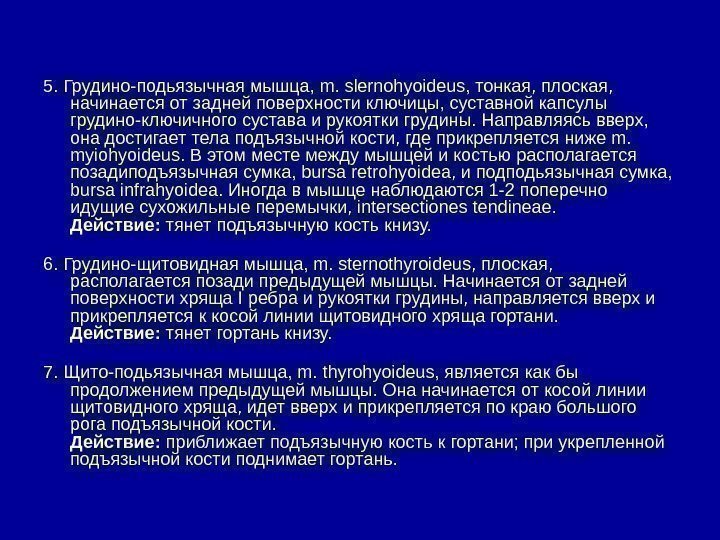   5. Грудино-подьязычная мышца, m. slernohyoideus, тонкая, плоская,  начинается от задней поверхности