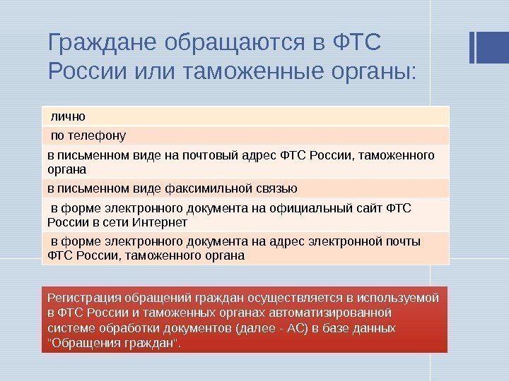 Граждане обращаются в ФТС России или таможенные органы:  лично  по телефону в