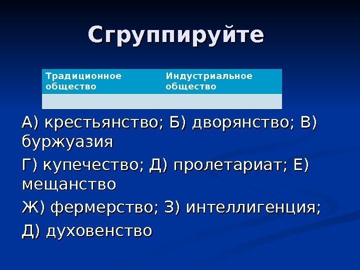 Сгруппируйте А) крестьянство; Б) дворянство; В) буржуазия Г) купечество; Д) пролетариат; Е) мещанство Ж)