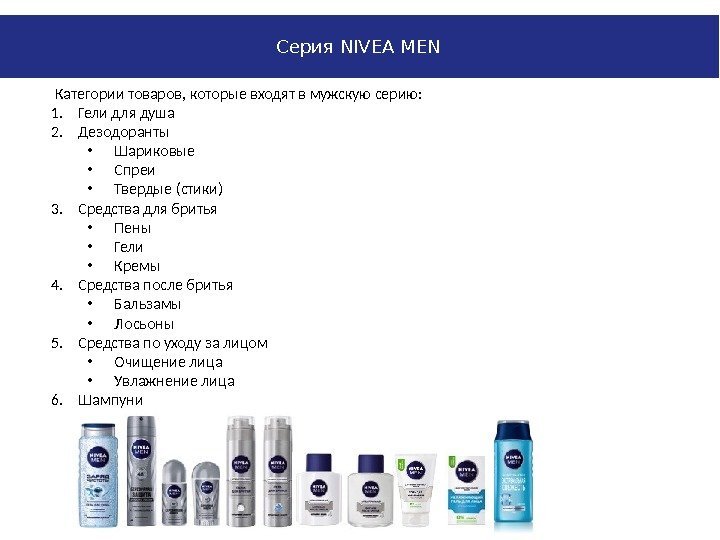 Серия NIVEA MEN  Категории товаров, которые входят в мужскую серию: 1. Гели для