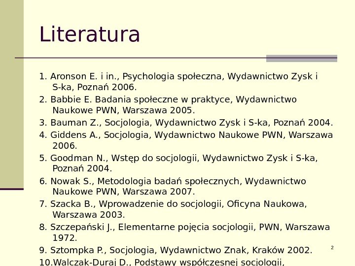 Literatura 1. Aronson E. i in. , Psychologia społeczna, Wydawnictwo Zysk i S-ka, Poznań
