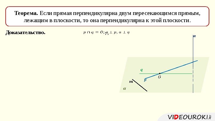 Доказательство. Теорема.  Если прямая перпендикулярна двум пересекающимся прямым, лежащим в плоскости, то она