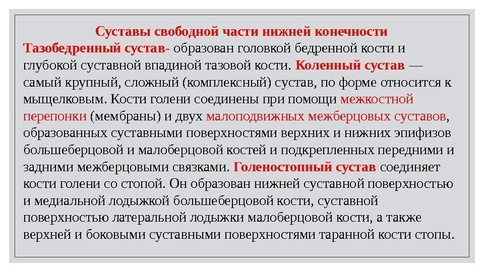 Суставы свободной части нижней конечности Тазобедренный сустав- образован головкой бедренной кости и глубокой суставной